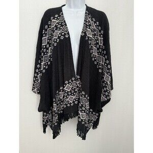 Mossimo Boho S/M Kimono Diamond Triangle Pattern Aztec Black Fringe Festival EUC
